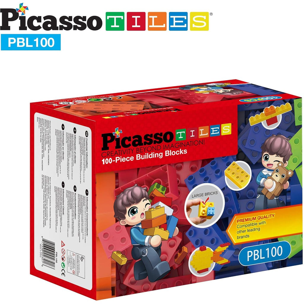 PicassoTiles 100 Piece Large Construction Brick Building Blocks STEM Bricks Toy Set Creative Learning Early Education Playset 5 Colors 4 Unique Shapes Mix & Match Toys for Kids Boys Girls Child Age 3+