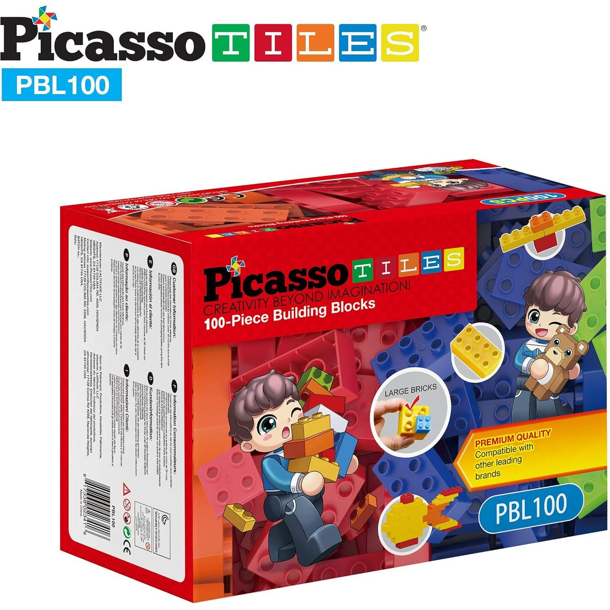 PicassoTiles 100 Piece Large Construction Brick Building Blocks STEM Bricks Toy Set Creative Learning Early Education Playset 5 Colors 4 Unique Shapes Mix & Match Toys for Kids Boys Girls Child Age 3+