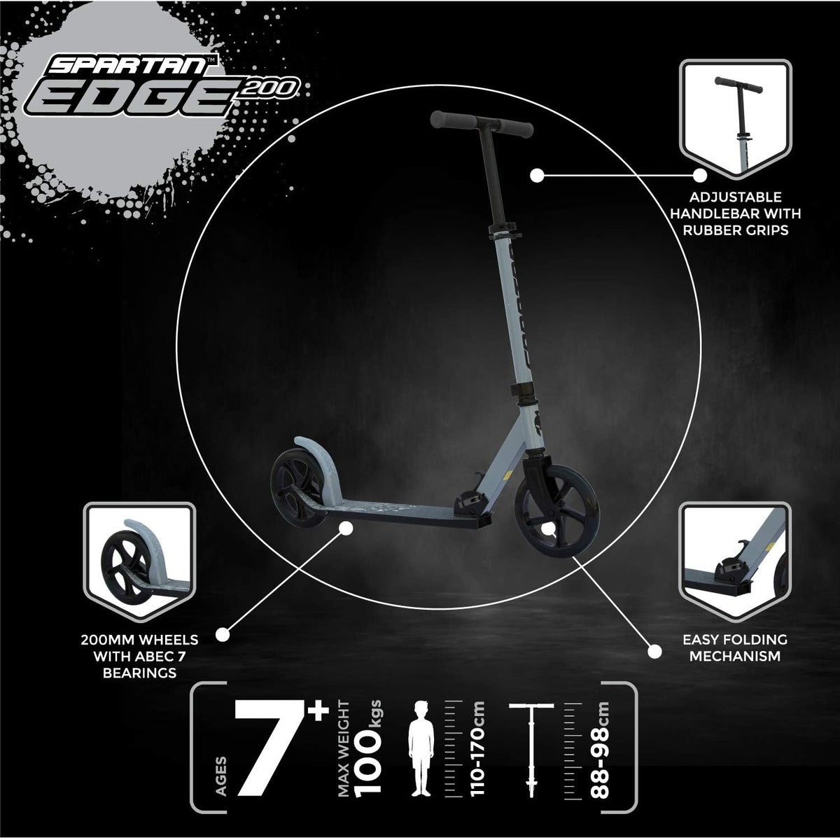 Spartan Edge 200 mm Folding Kick Scooter for Kids & Teens SP-7006 - Big PU Wheels, ABEC-7 Performance Bearings