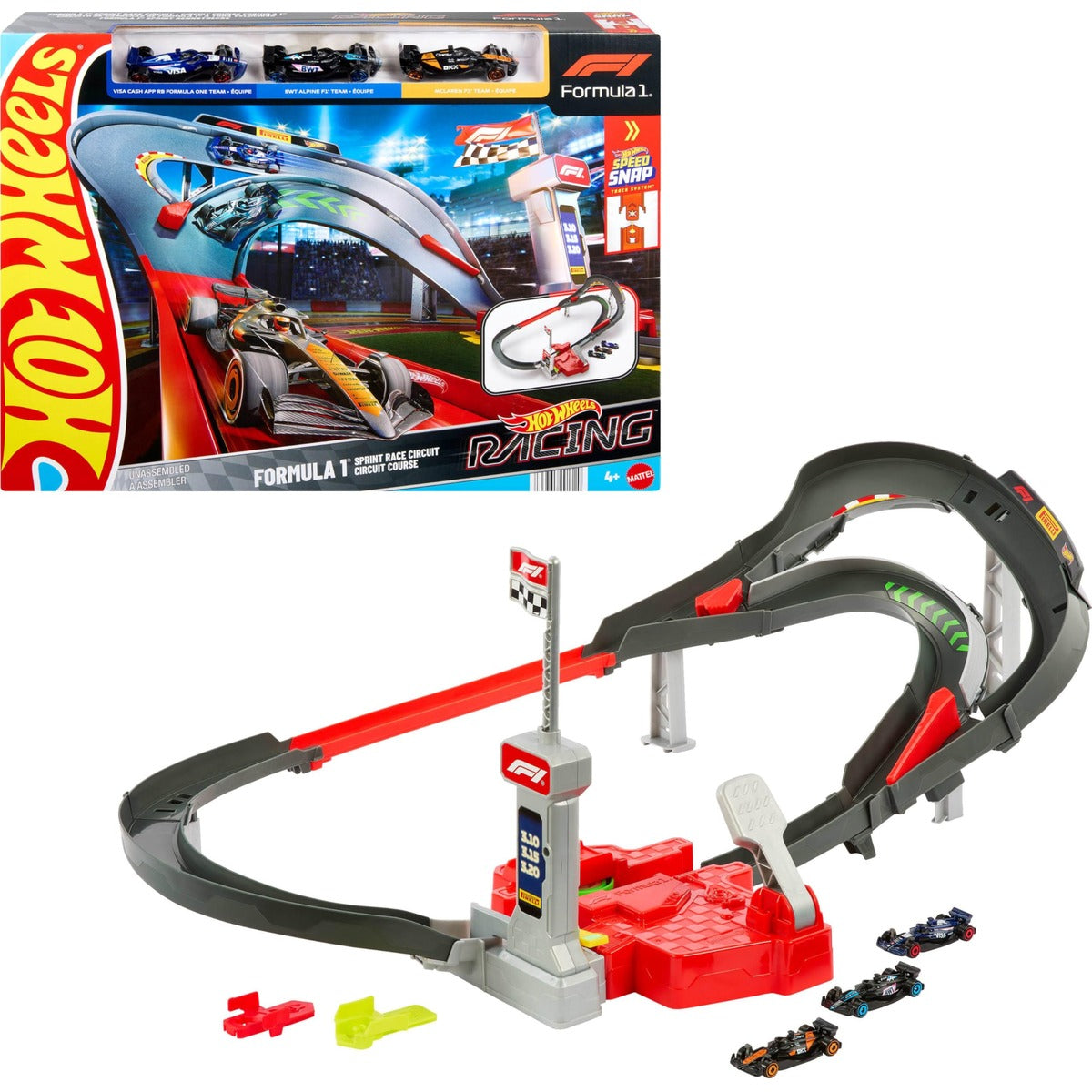 Hot Wheels Toy Car Track Set, 3 Formula 1 Die-Cast Vehicles in 1:64 Scale: McLaren F1 Team, Alpine & VCARB, Sprint Race Circuit (Teams May Vary)