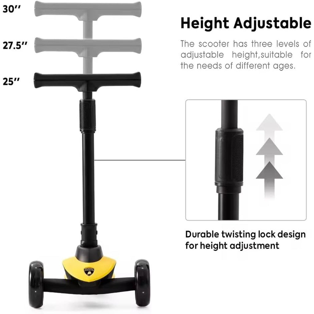 Lamborghini Yellow Scooter with seat for Kids Ages 3-8, 3 Wheel Scooter for Kids with Adjustable Height, Folding Kids