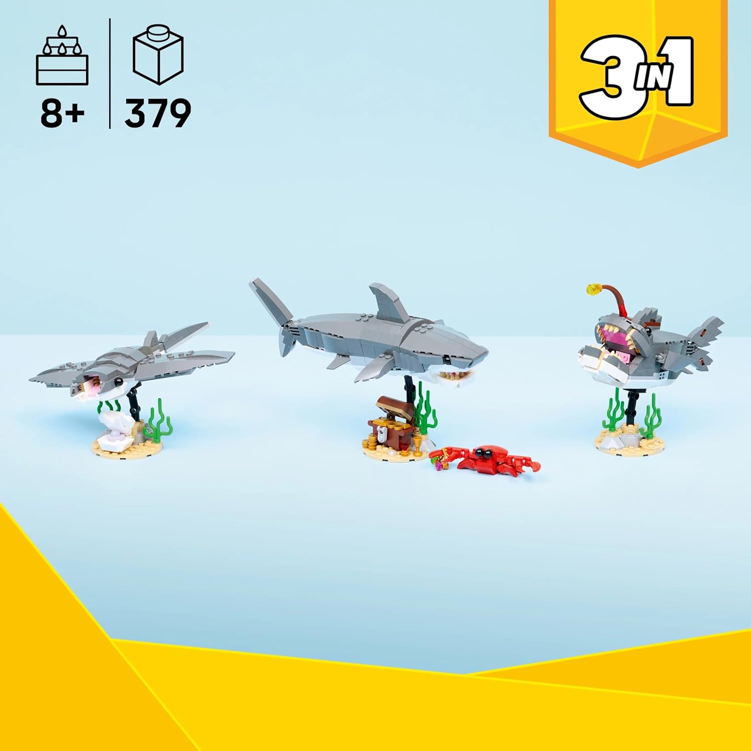 LEGO Creator 3in1 Fierce Shark with a Treasure Chest Toy - Sea Animal Figure Transforms into an Anglerfish or Manta Ray