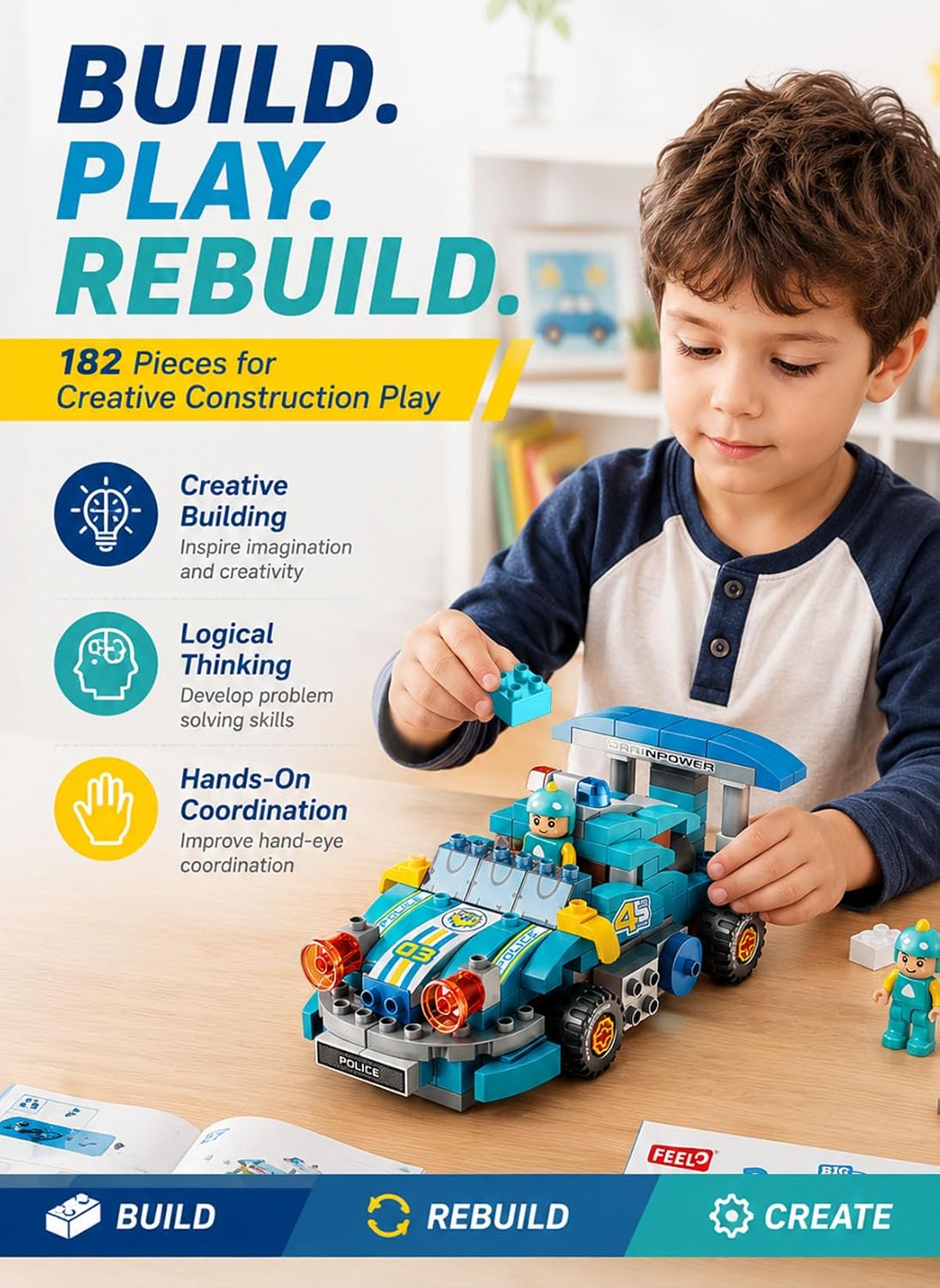 Graffic Giraffe Variety Racing Car Building Blocks Set 182 Pieces for Kids Age 3+, Multi
