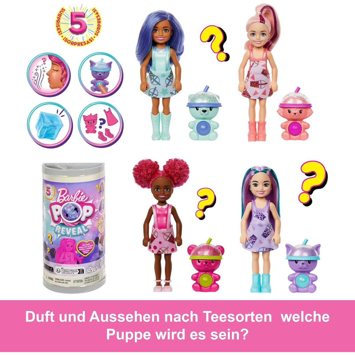 Barbie Chelsea Pop Reveal Bubble Tea Series Set with Themed Package & 5 Surprises Including Scented Small Doll & Pop-It Pet (