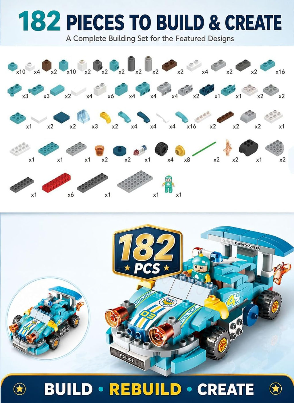 Graffic Giraffe Variety Racing Car Building Blocks Set 182 Pieces for Kids Age 3+, Multi