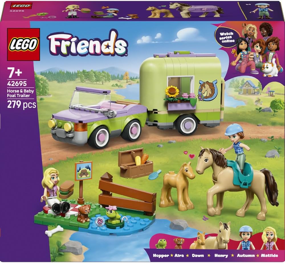LEGO Friends Horse & Baby Foal Trailer - Horse Toy Playset w/Grooming Accessories, 4 Animal Figures, Car & 2 Mini Dolls