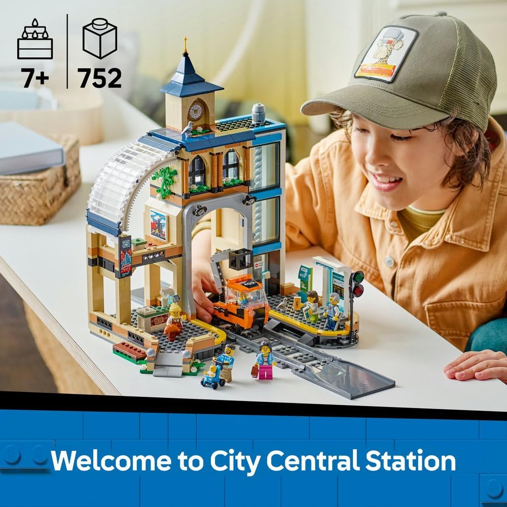 LEGO City Central Train Station Set - incl. a Maintenance Vehicle Toy, Working Lift, 2 Platforms & a Track Piece, plus