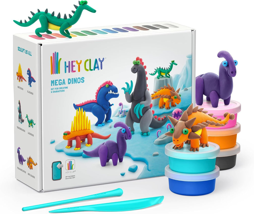 Hey Clay - Dinos Set-Colourful Modeling Kids-Air Dry Clay Kit 15 cans and Sculpting Tools