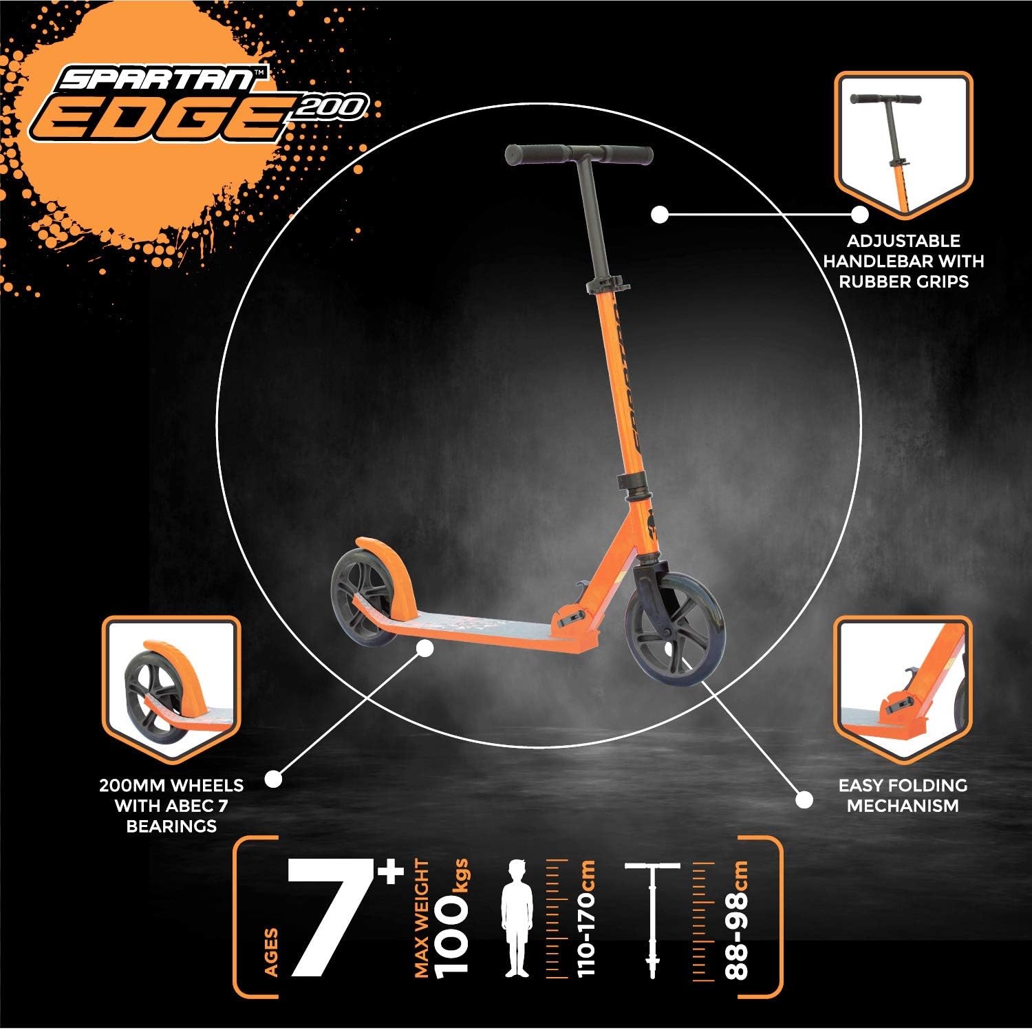 Spartan Edge 200 mm Folding Kick Scooter for Kids & Teens SP-7005 - Big PU Wheels, ABEC-7 Performance Bearings