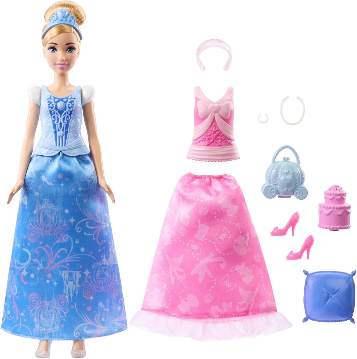 Mattel Disney Princess Toys, Cinderella Fashion Doll with 2 Looks, 9 Accessories, 2 Snap