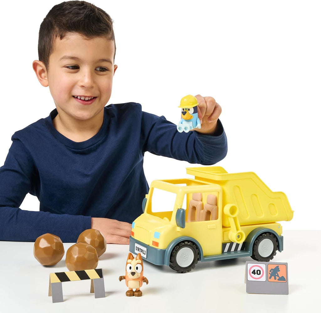 BlueY Dump Truck, with Exclusive Figurines with His Protective Helmet and Mud Covered