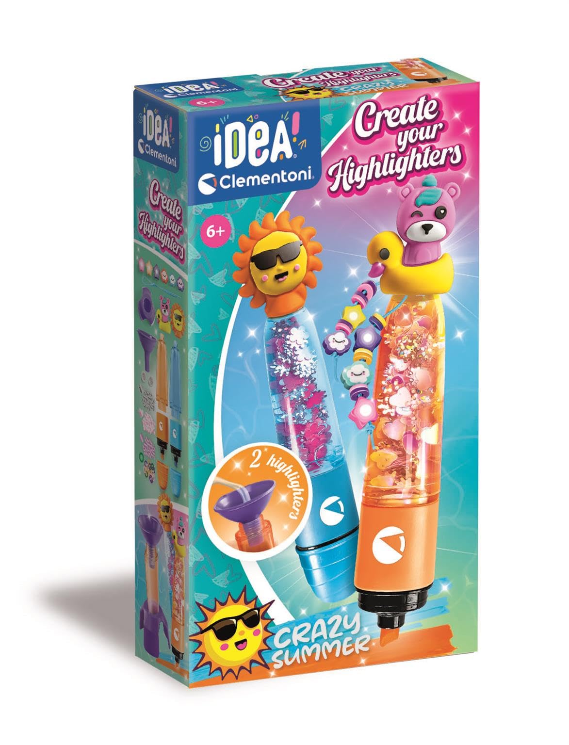 Clementoni Idea – Create Your Highlighters: Crazy Summer, Personalised Highlighter Lab, Creative Kit for Children 6+ Years, with 3 Customisable Highlighters with Accessories, 18130