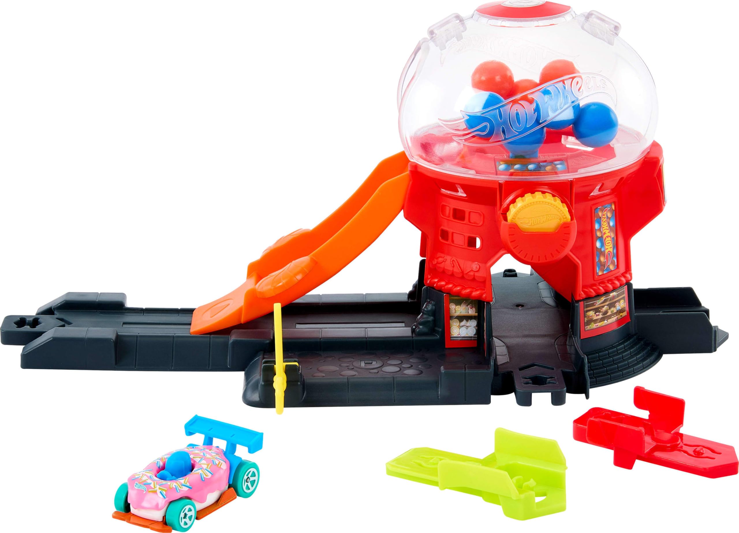Hot Wheels Toy Car Track Set, Gumball Machine Playset with 1:64 Scale Die-Cast Donut-Shaped Vehicle & Speed Snap Track, Downtown City Candy Shop