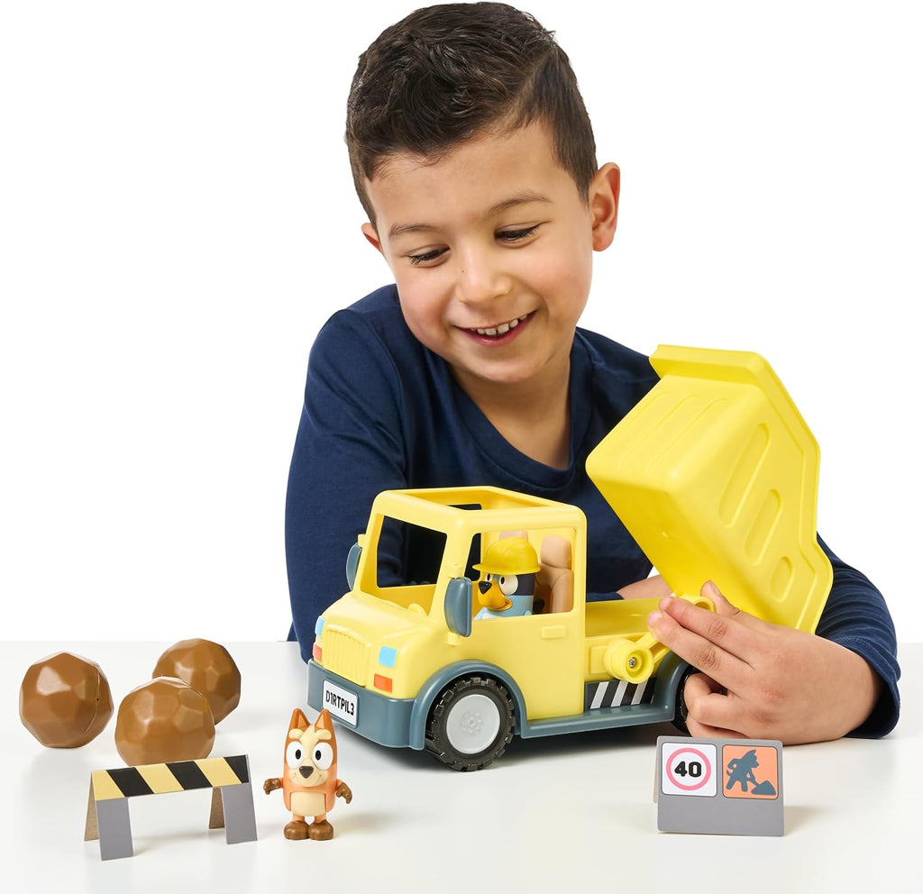 BlueY Dump Truck, with Exclusive Figurines with His Protective Helmet and Mud Covered