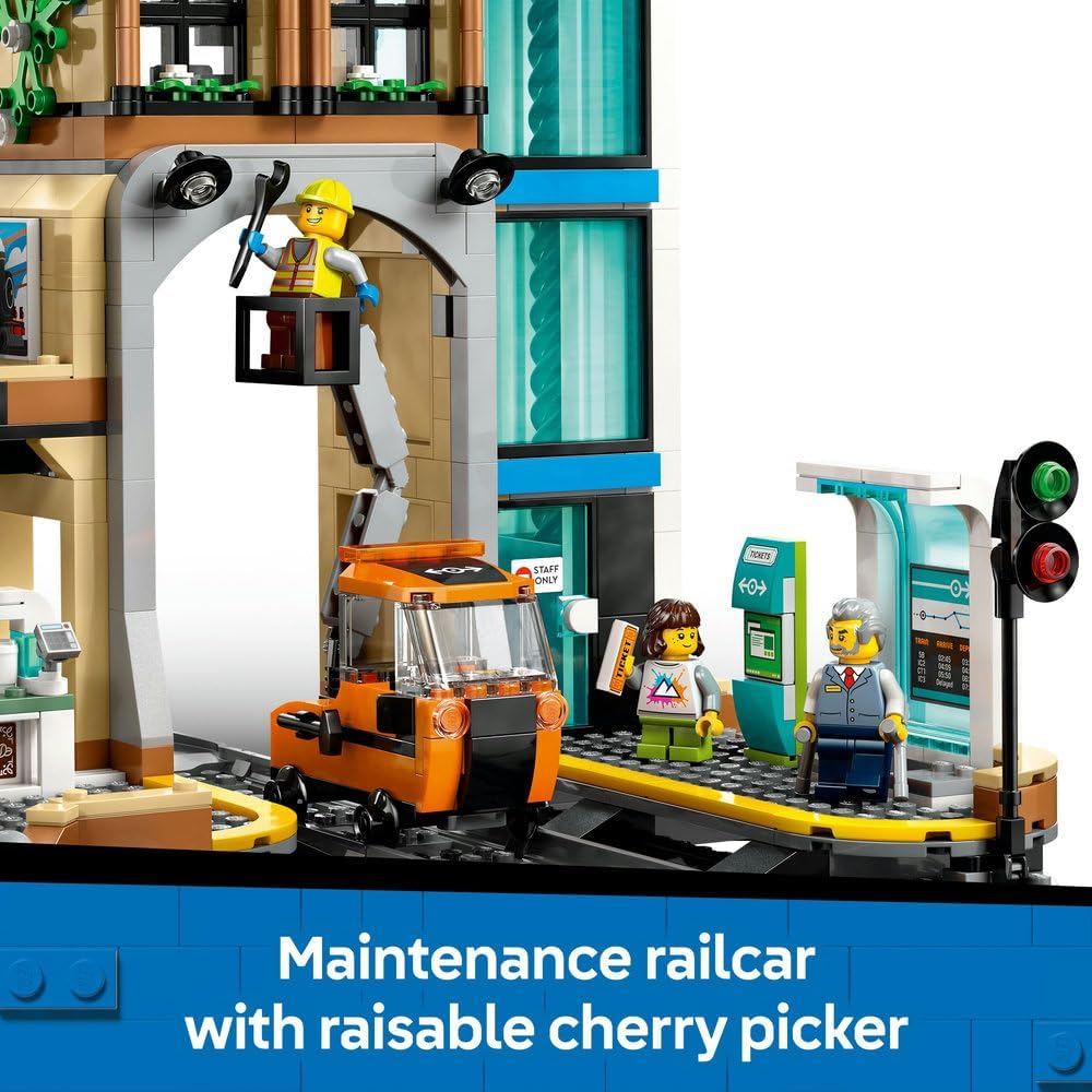 LEGO City Central Train Station Set - incl. a Maintenance Vehicle Toy, Working Lift, 2 Platforms & a Track Piece, plus