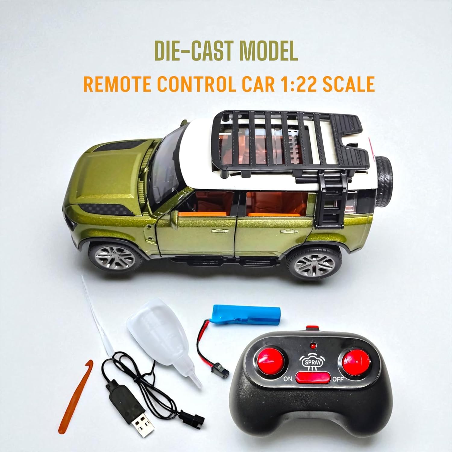 RathaNova Play Land Rover Defender 1:22 Scale Die-Cast Remote Control Car with Smoke Effect, LED Lights, Opening Doors, USB Charging, Multicolor (Green Defend)