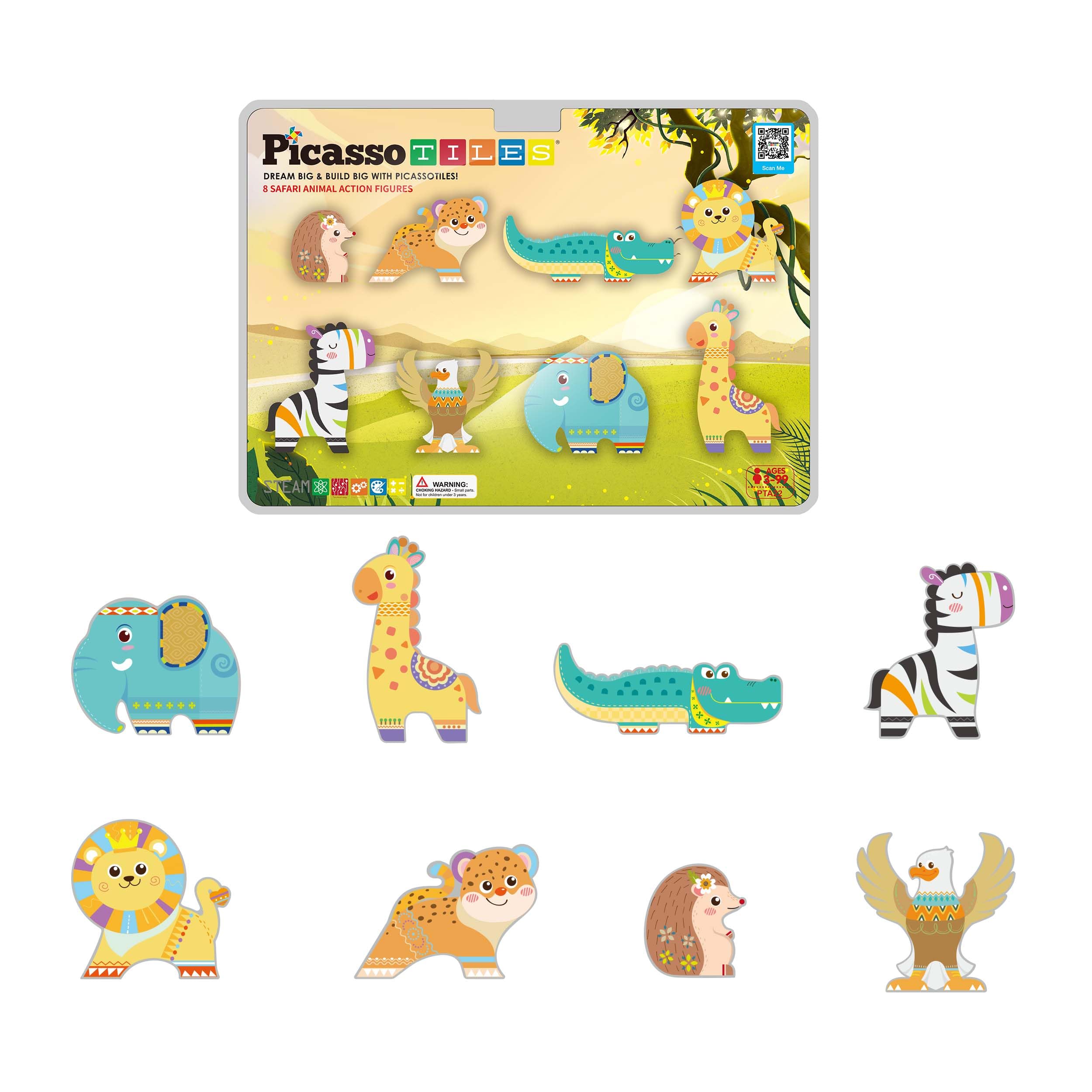 PicassoTiles Magnet Building Blocks 8 Safari Animal Magnetized Action Figures Compatible with Magnetic Assembly Build Tile Toys Accessory Toyset STEAM Educational Learning Girls Boys Ages 3+ PTA22