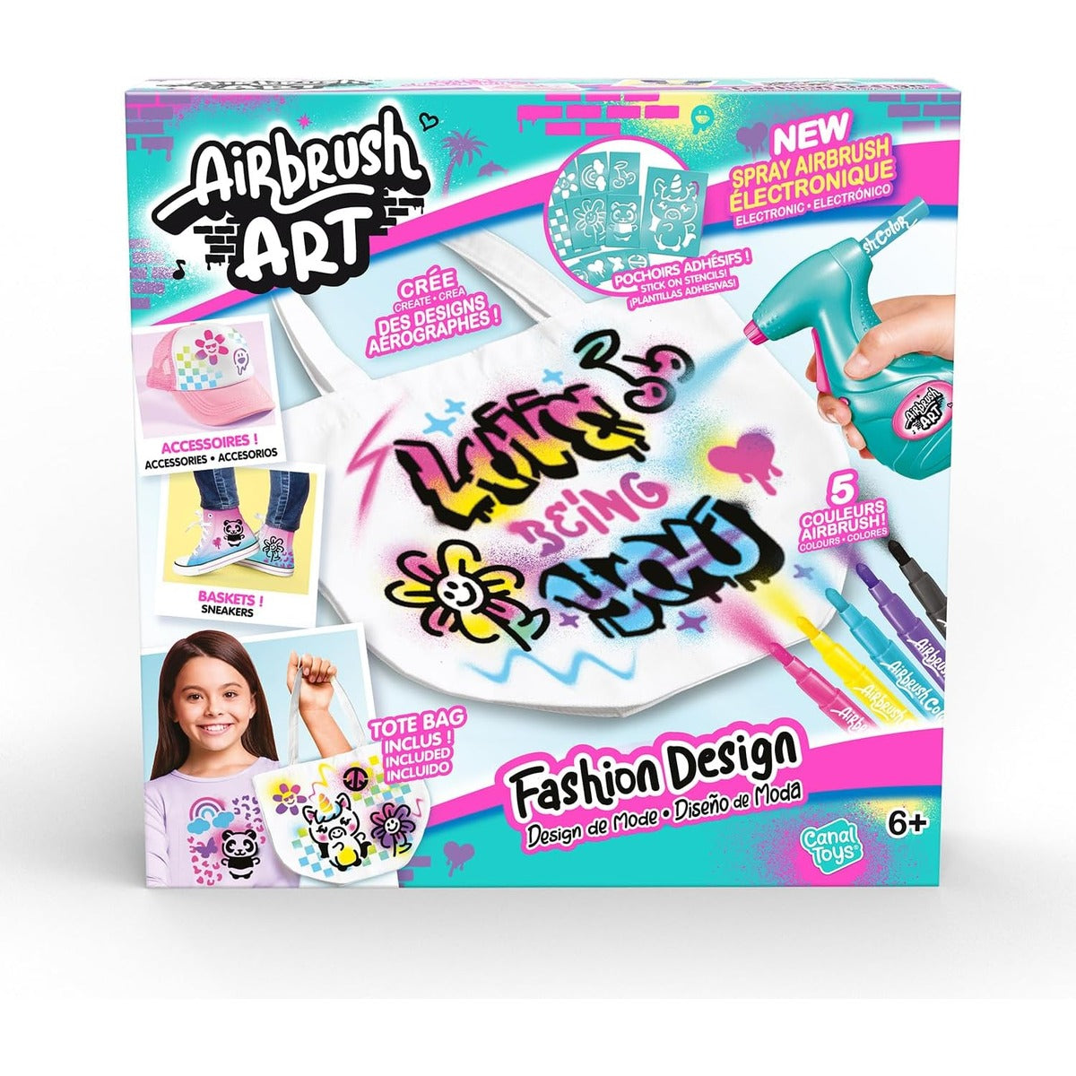 Canal Toys - Airbrush Art - Fashion Design Kit with electronic spray, stencils and felt-tip pens - AIR 016, White Tote Bag