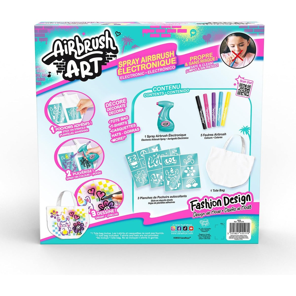 Canal Toys - Airbrush Art - Fashion Design Kit with electronic spray, stencils and felt-tip pens - AIR 016, White Tote Bag
