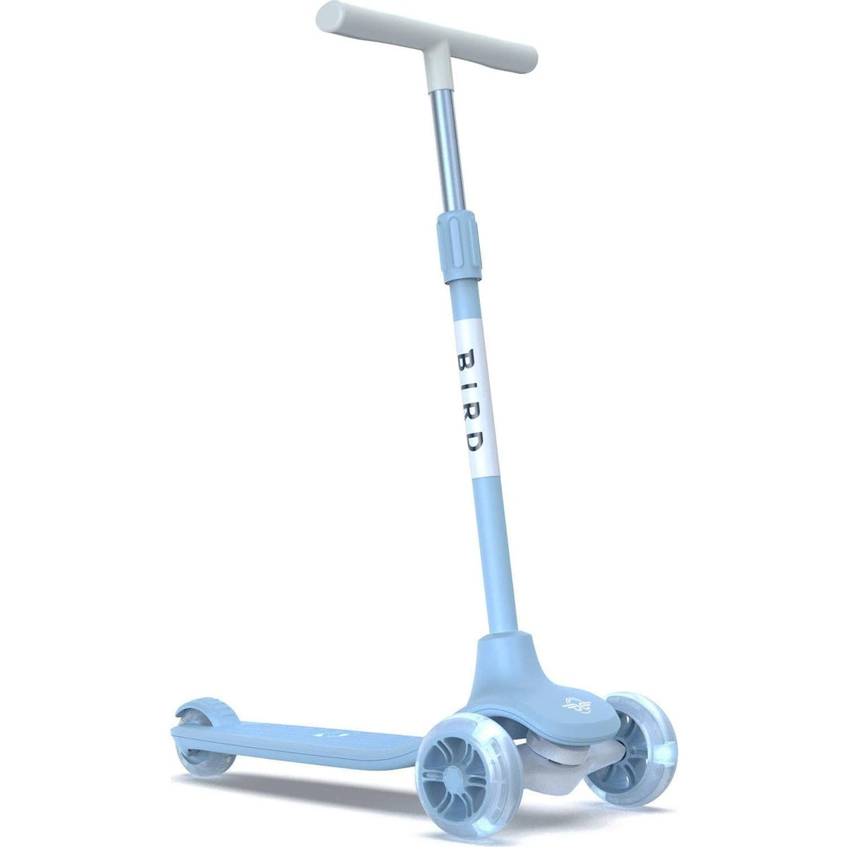 Bird Birdie Glow Kids Scooter Leg Power W/ Glowing Wheels, AdjUStable Height, Portable Compact Stylish Trendy, 3 Wheels Design, Stomp Brake System, Sky Blue