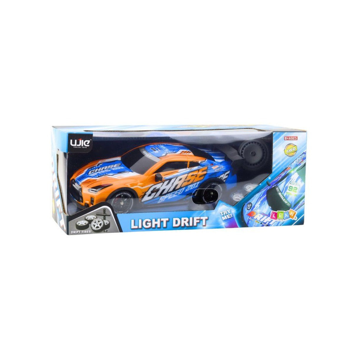 Orange Chase RC drift car with LED lights in box