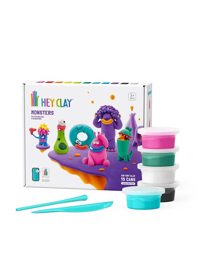 HEY CLAY Monsters Set-Colourful Modeling Kids-Air Dry Clay Kit 15 Cans And Sculpting Tools