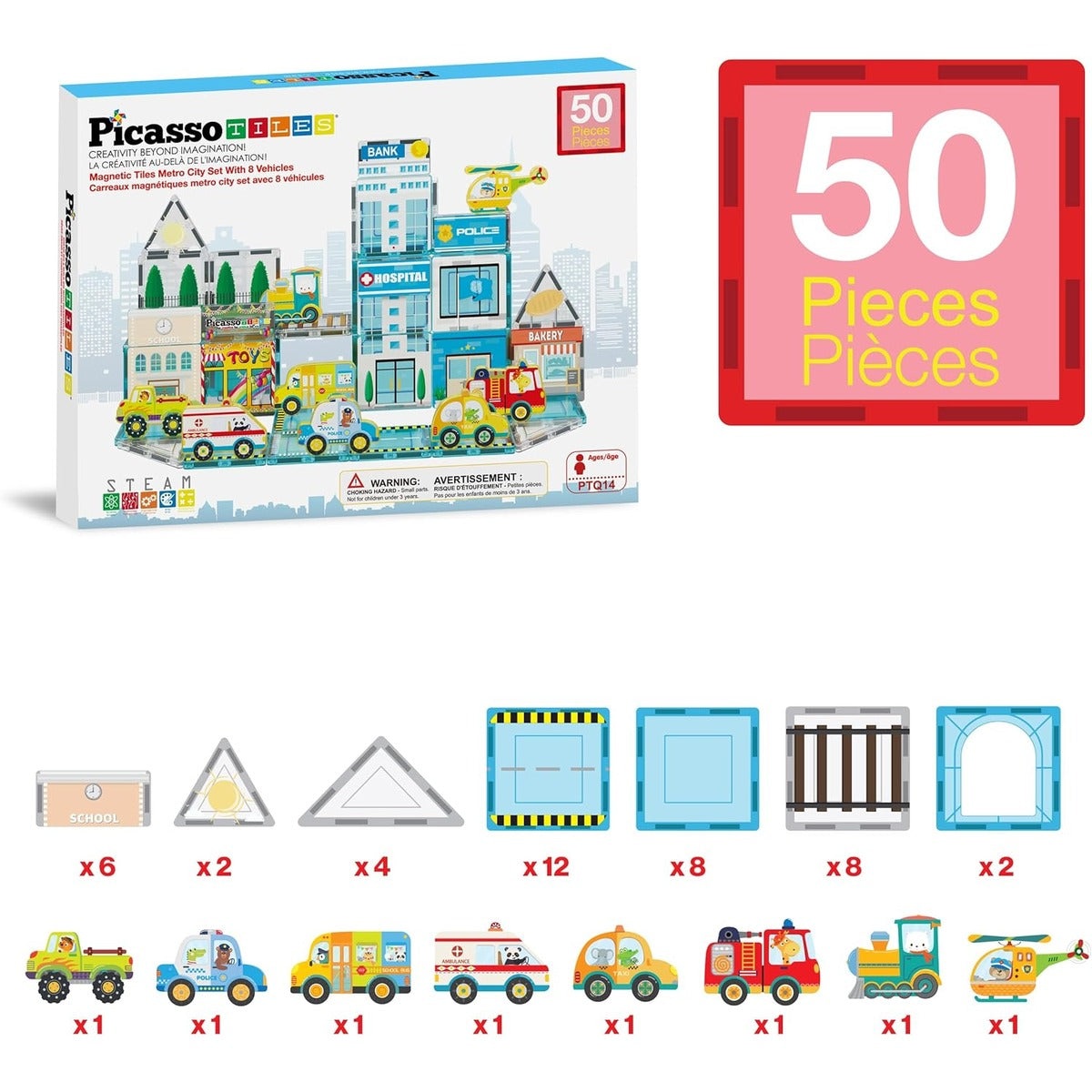 PicassoTiles Metro City Hospital Magnetic Tile Building Set with 8