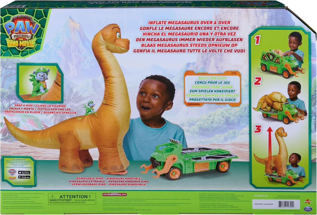 PAW PATROL: The Dino Movie Rocky's Megasaurus Transport Vehicle, Push Button Inflatable