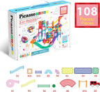 PicassoTiles 108pc Magnetic Marble Run Set with Building Tiles Race Track Car Slides Set