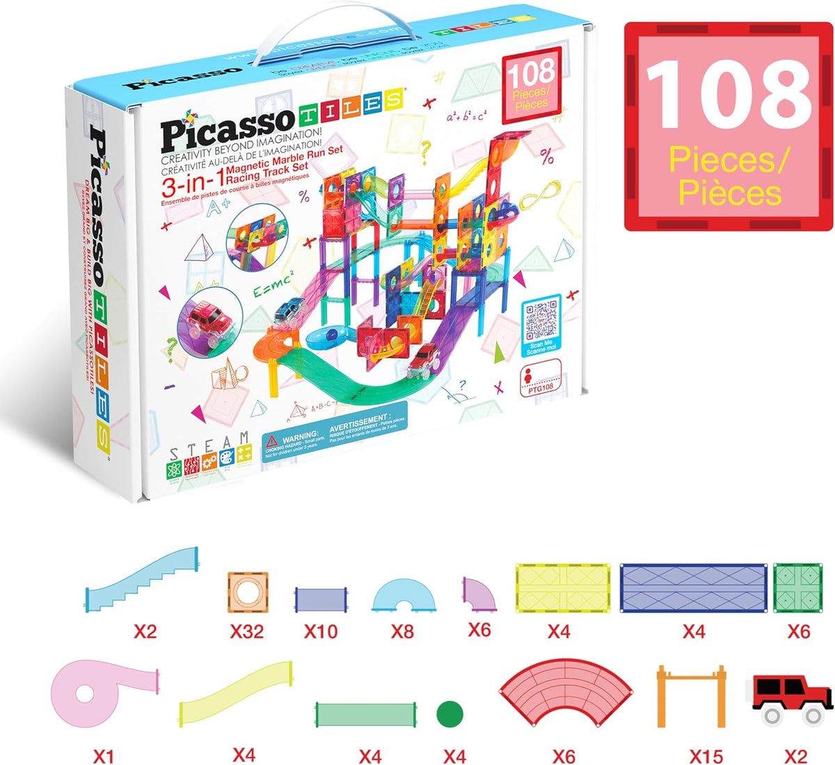 PicassoTiles 108pc Magnetic Marble Run Set with Building Tiles Race Track Car Slides Set