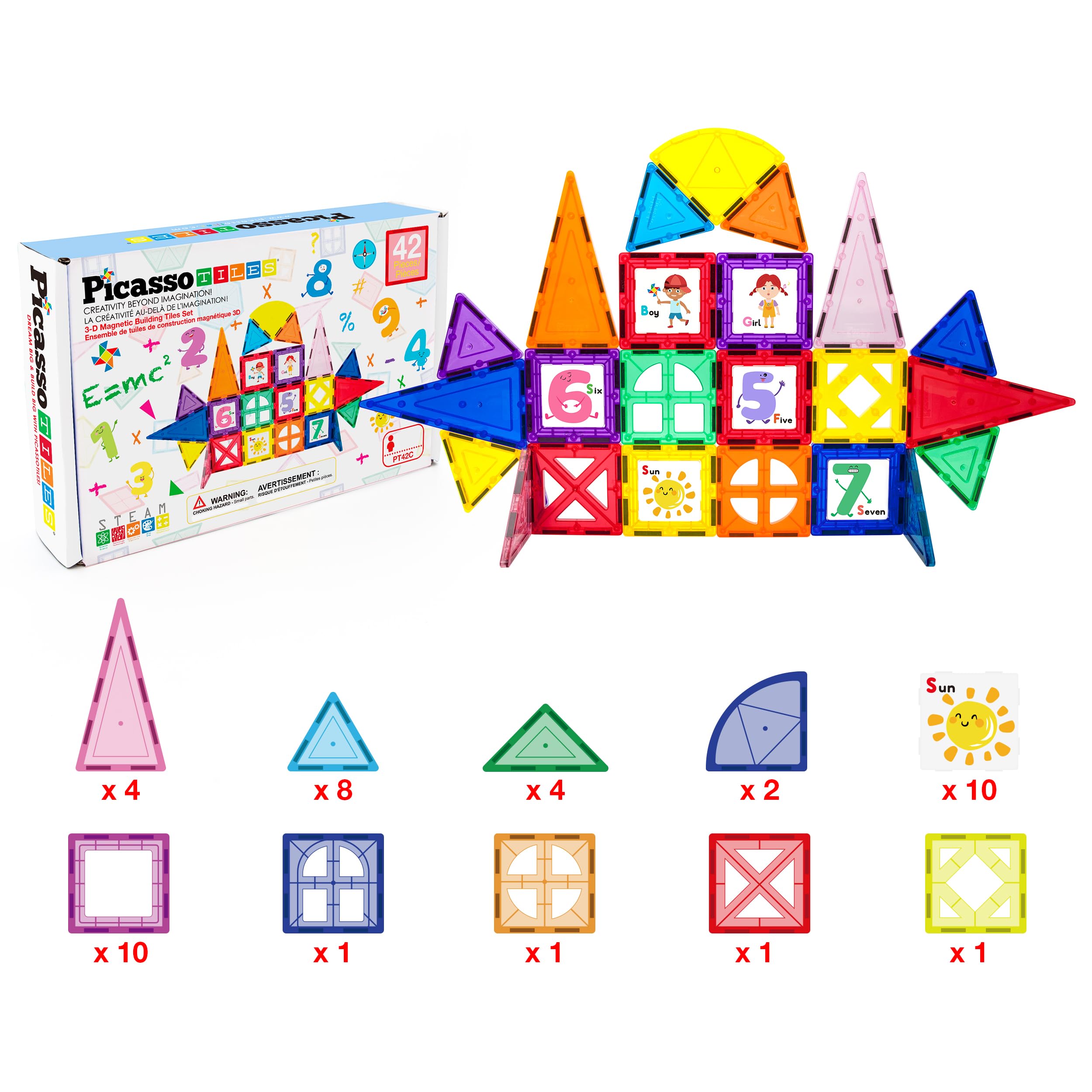 PicassoTiles Educational Set Magnetic Building Tiles with Unique Shapes