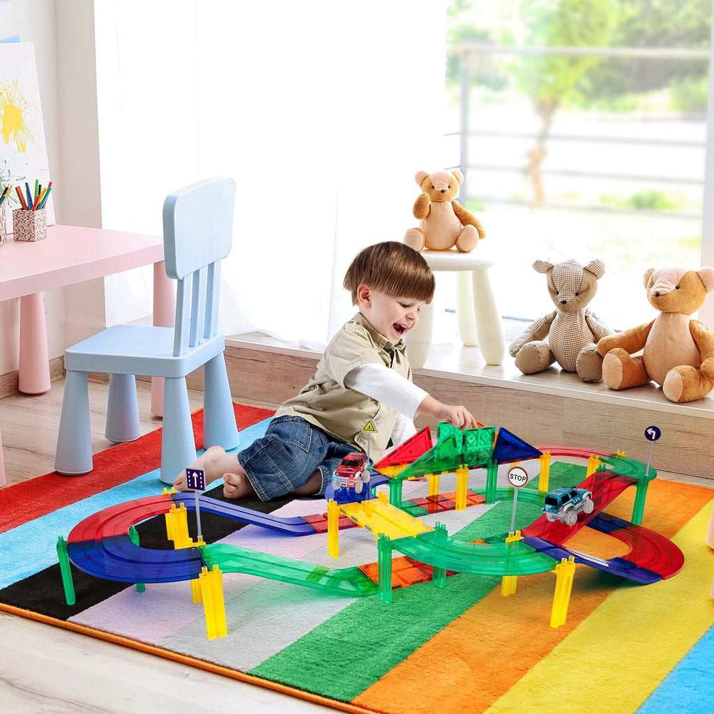 PicassoTiles 50pc Racecar Track Magnetic Tiles Educational Kids Toy