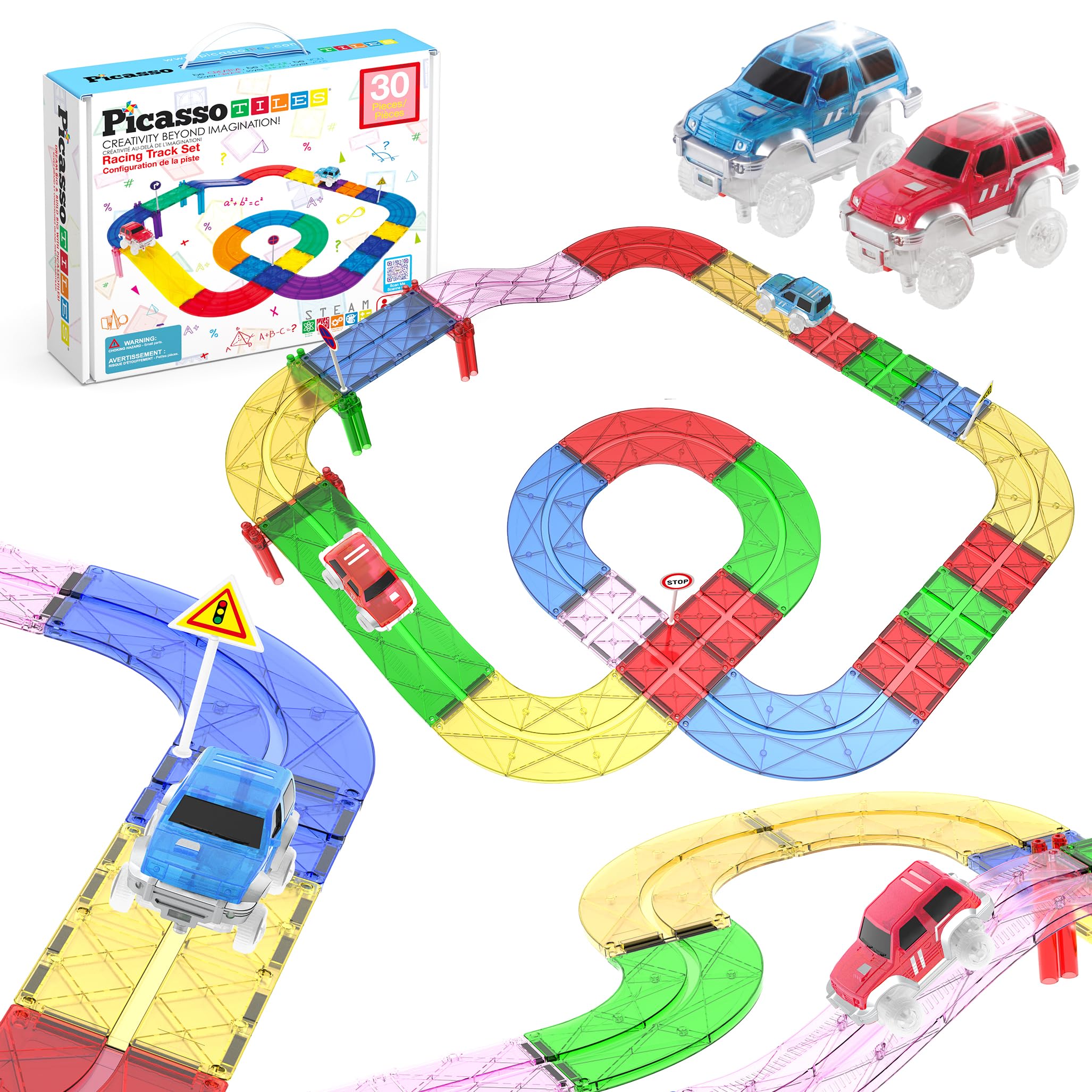 PicassoTiles Magnetic Tiles Race Track Car Thrilling Toy Playset