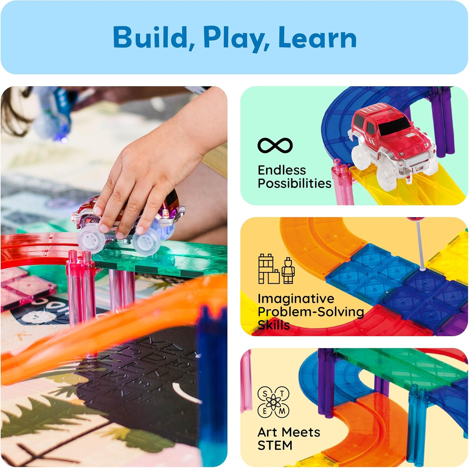 PicassoTiles Magnetic Tiles Race Track Car Thrilling Toy Playset