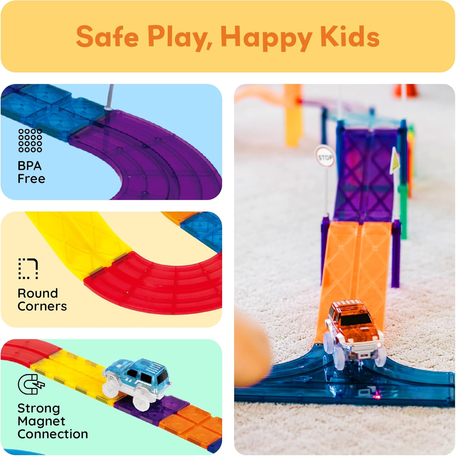 PicassoTiles Magnetic Tiles Race Track Car Thrilling Toy Playset