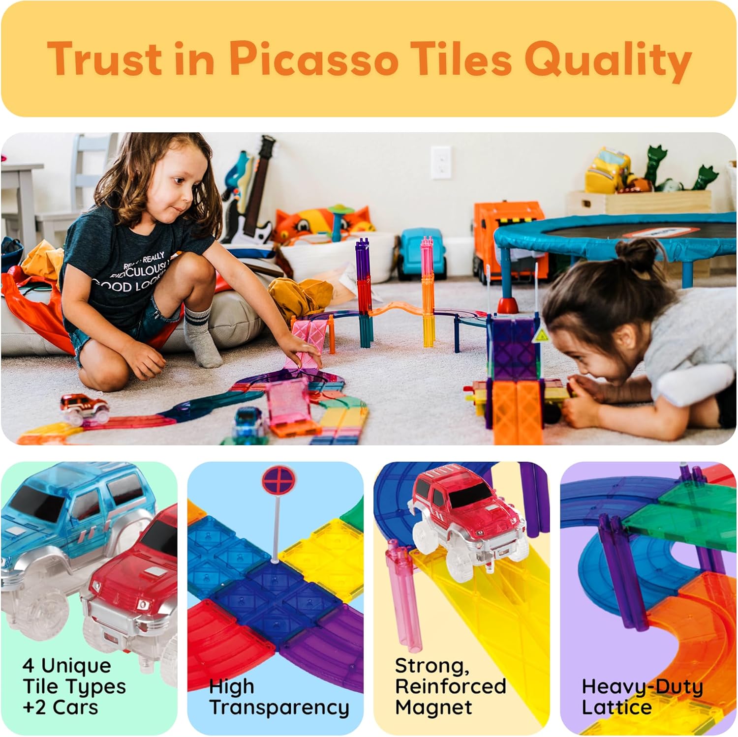 PicassoTiles Magnetic Tiles Race Track Car Thrilling Toy Playset