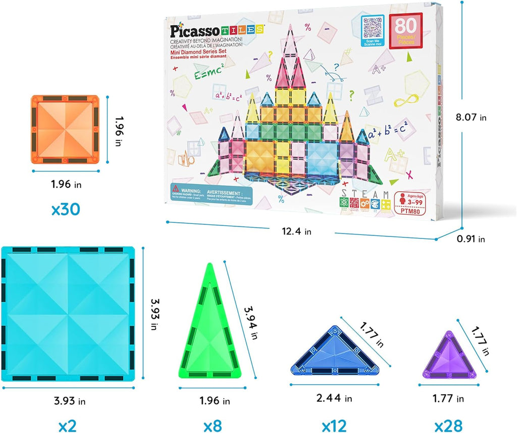PicassoTiles 80pc Mini Travel Size Magnetic Tiles Building Blocks