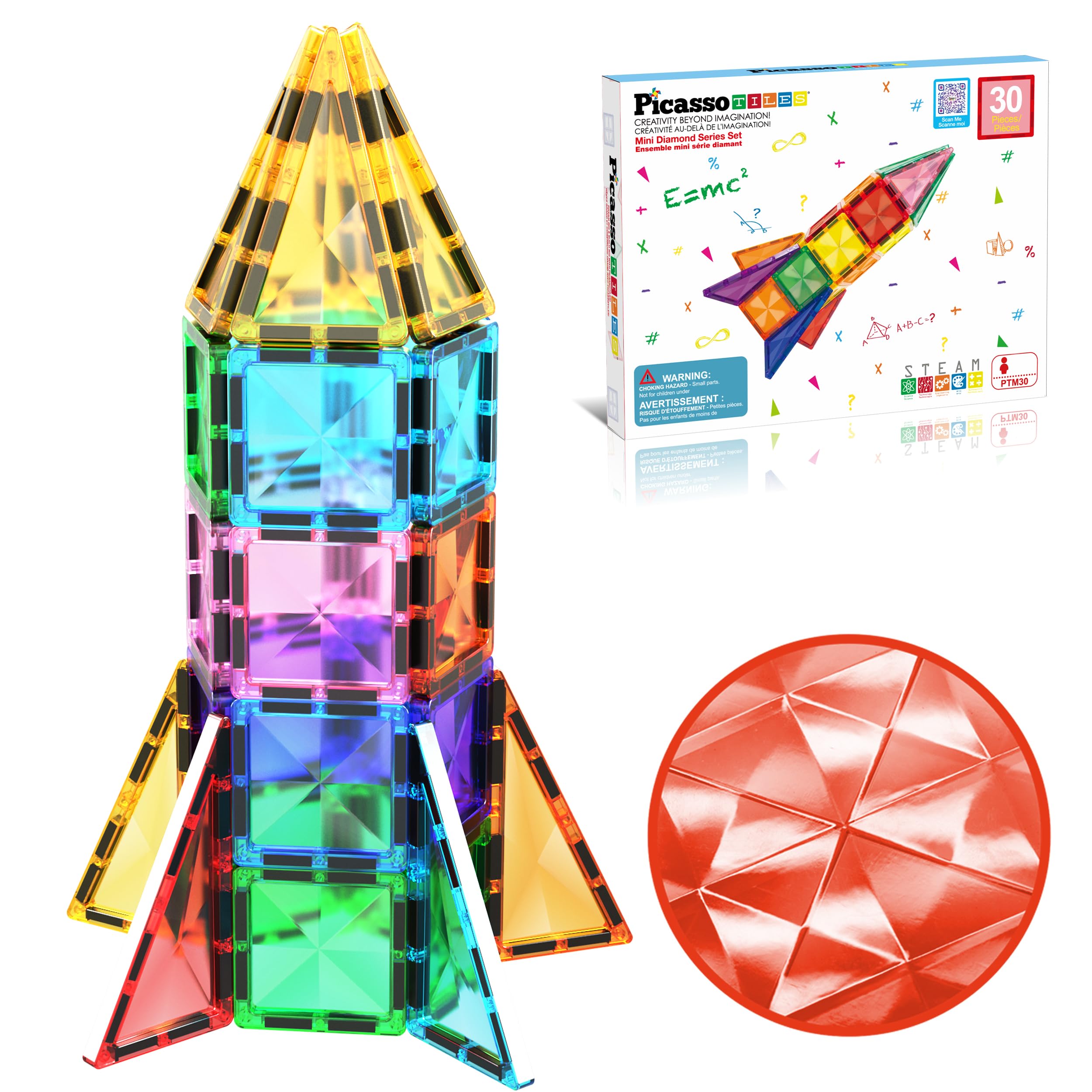 PicassoTiles 30pcs Mini Size Magnetic Tiles Sensory Magnet Toys Diamond