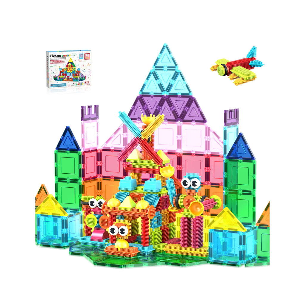 PicassoTiles Magnetic Tiles & Hedgehog 2-in1 Interlocking Brush