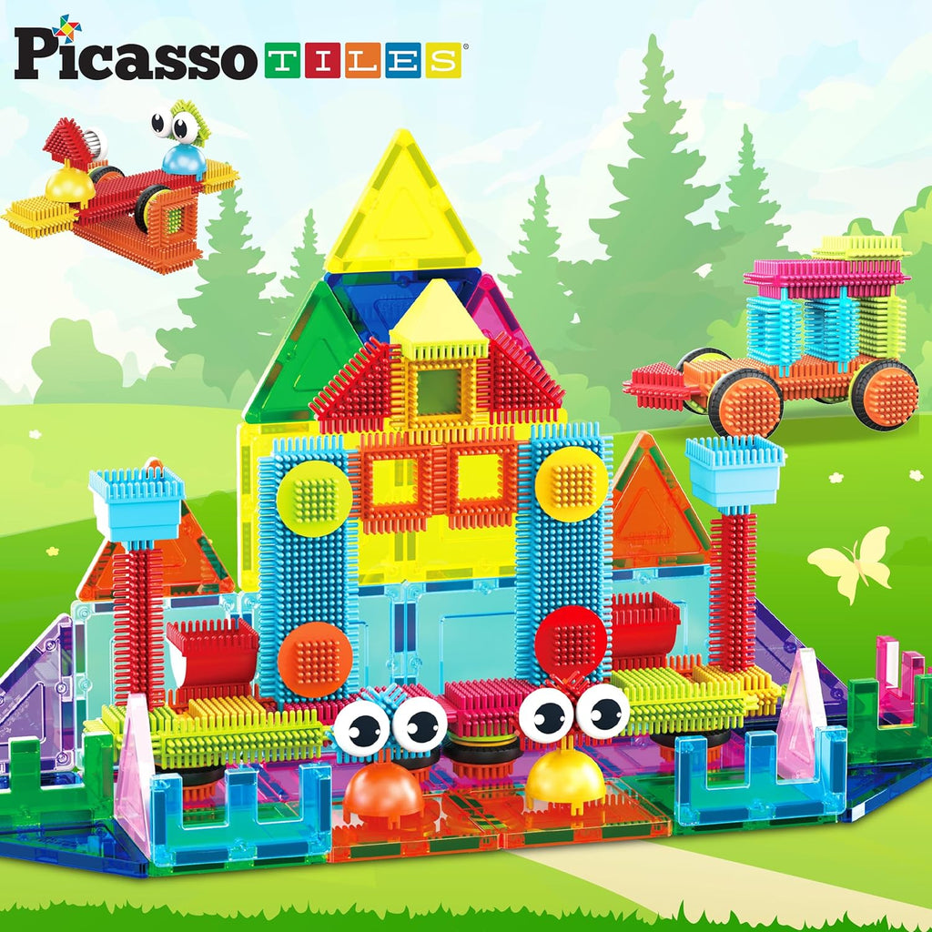 PicassoTiles Magnetic Tiles & Hedgehog 2-in1 Interlocking Brush