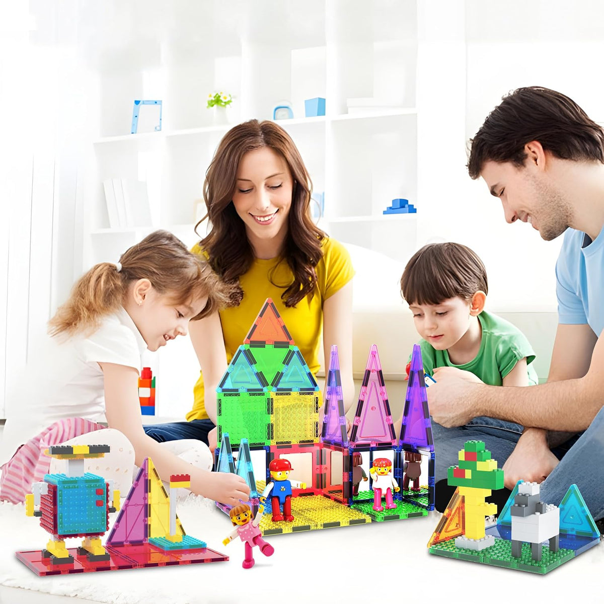 PicassoTiles 63pc Magnetic Tile Building Block Set with 2 Character