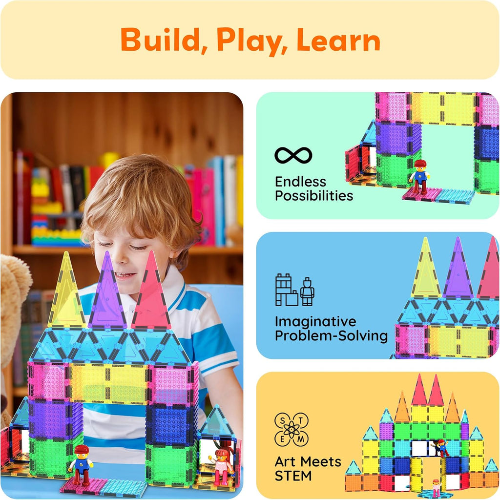 PicassoTiles 63pc Magnetic Tile Building Block Set with 2 Character
