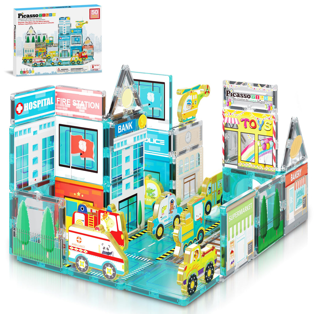 PicassoTiles Metro City Hospital Magnetic Tile Building Set with 8