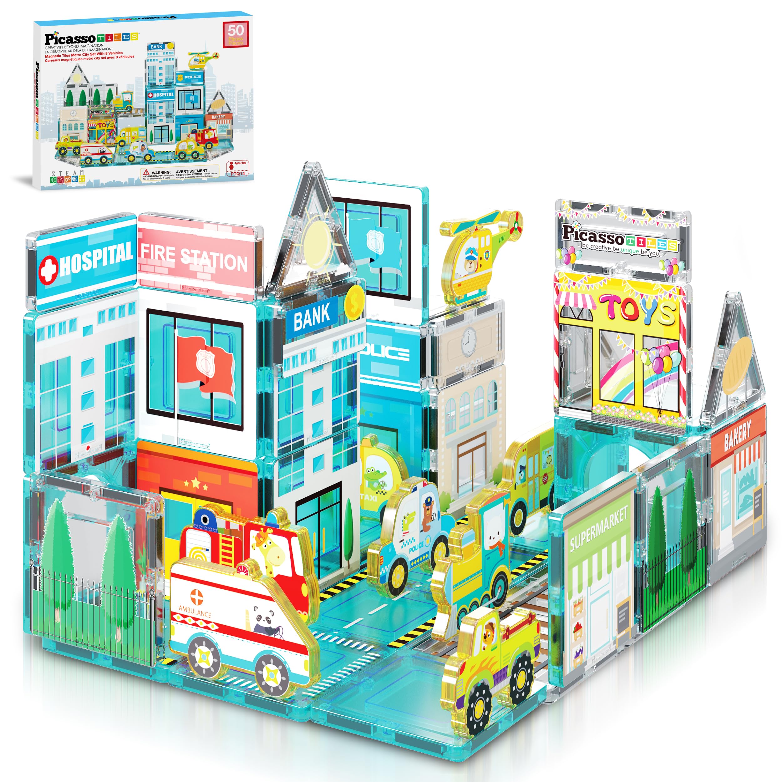 PicassoTiles Metro City Hospital Magnetic Tile Building Set with 8