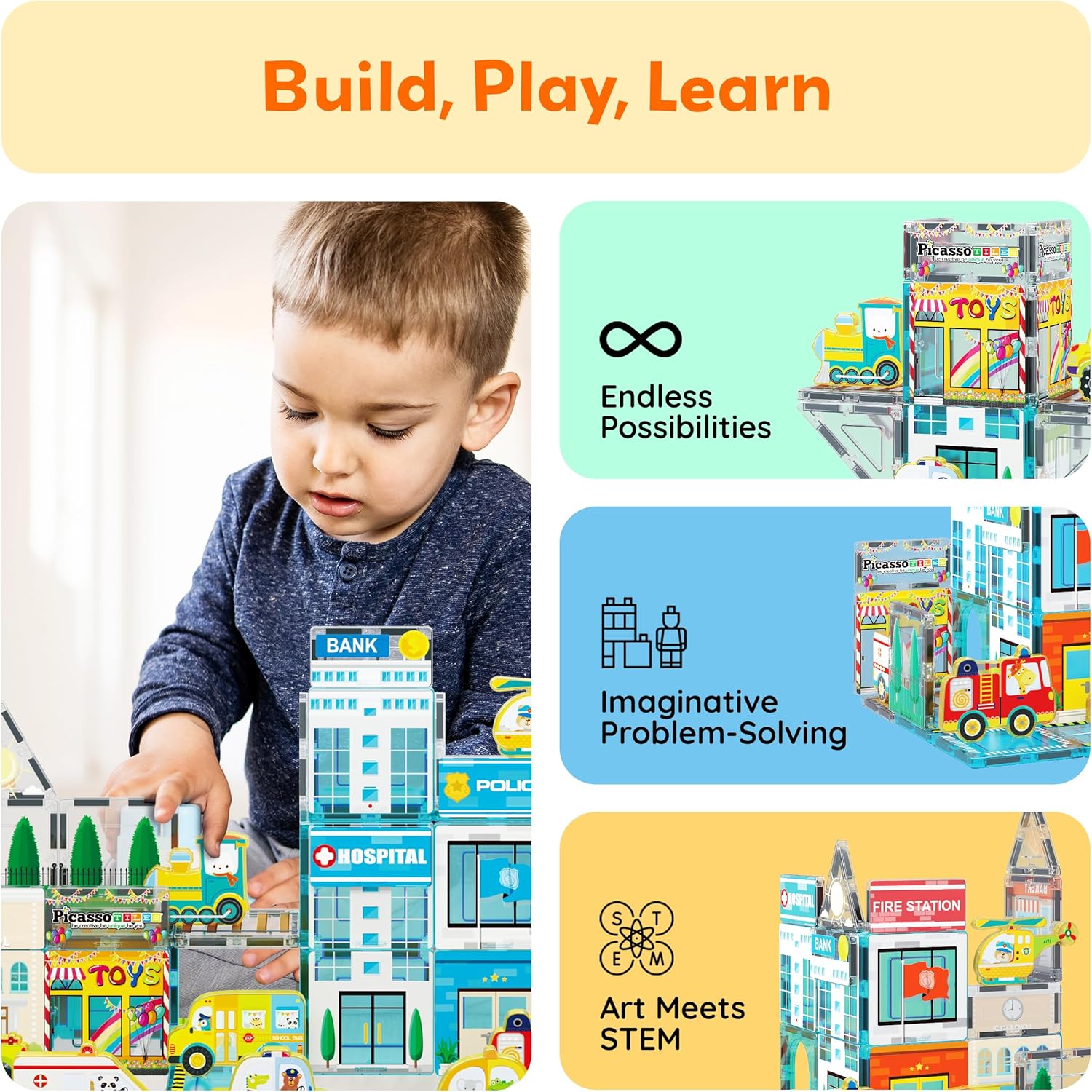 PicassoTiles Metro City Hospital Magnetic Tile Building Set with 8
