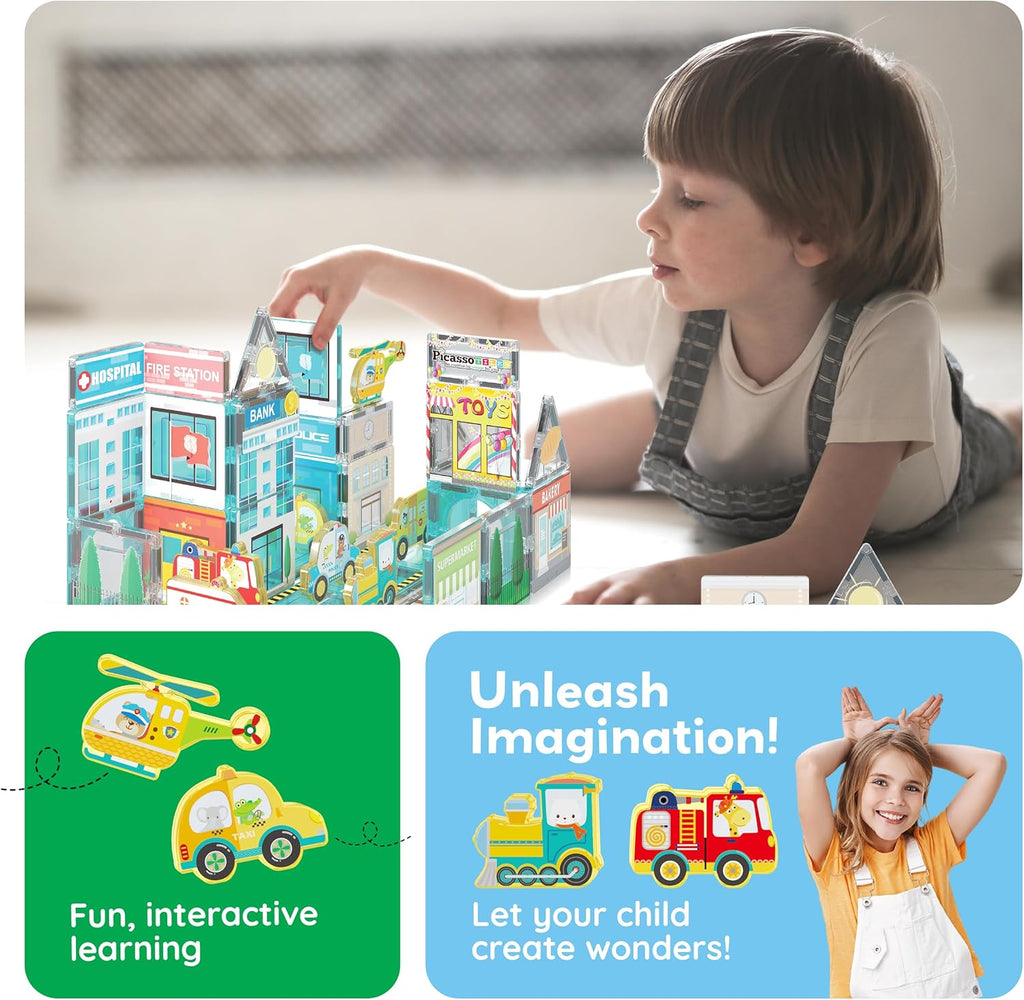 PicassoTiles Metro City Hospital Magnetic Tile Building Set with 8