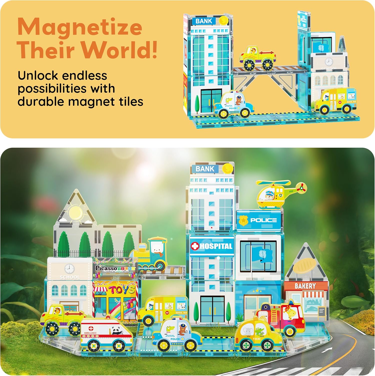 PicassoTiles Metro City Hospital Magnetic Tile Building Set with 8