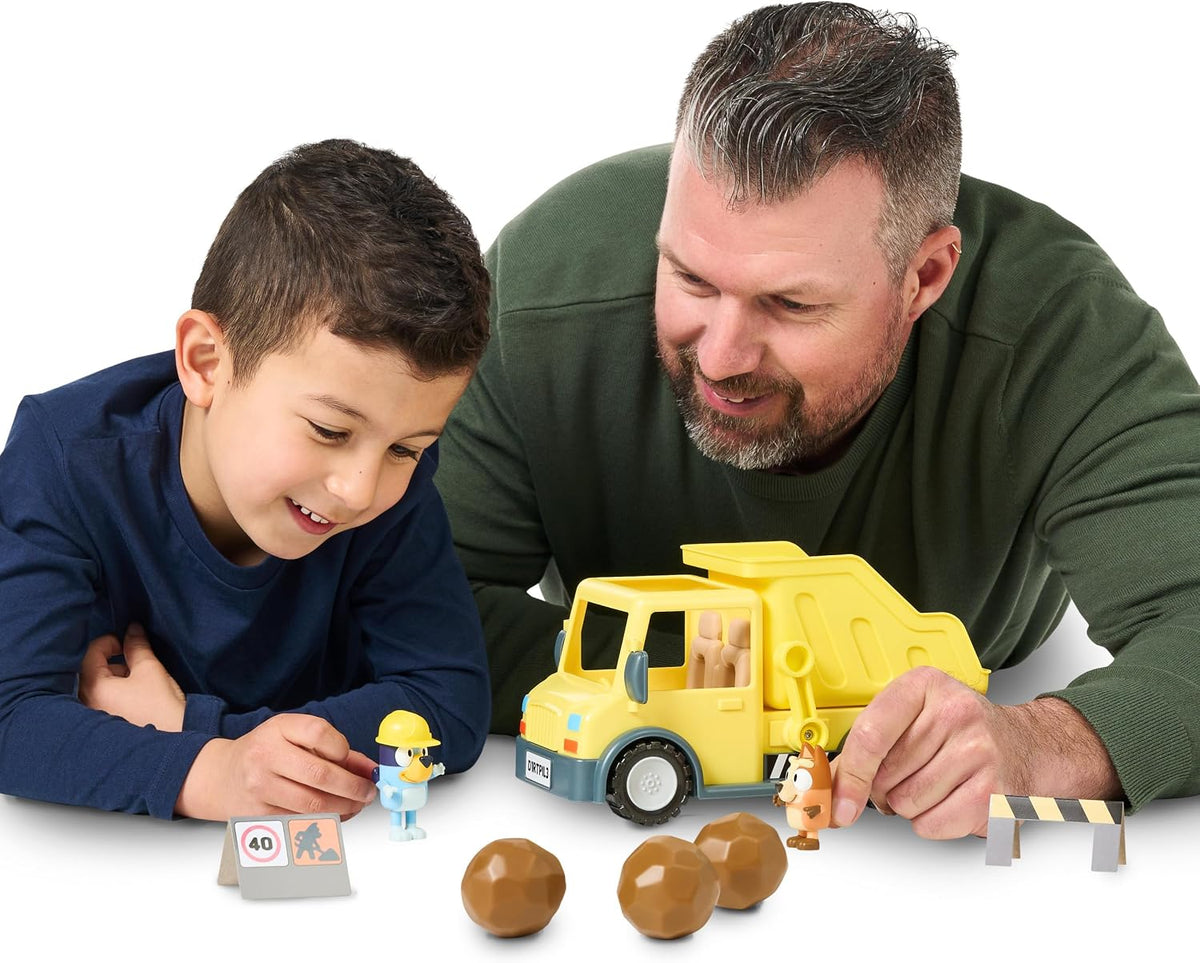 BlueY Dump Truck, with Exclusive Figurines with His Protective Helmet and Mud Covered