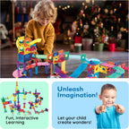 PicassoTiles 108pc Magnetic Marble Run Set with Building Tiles Race Track Car Slides Set