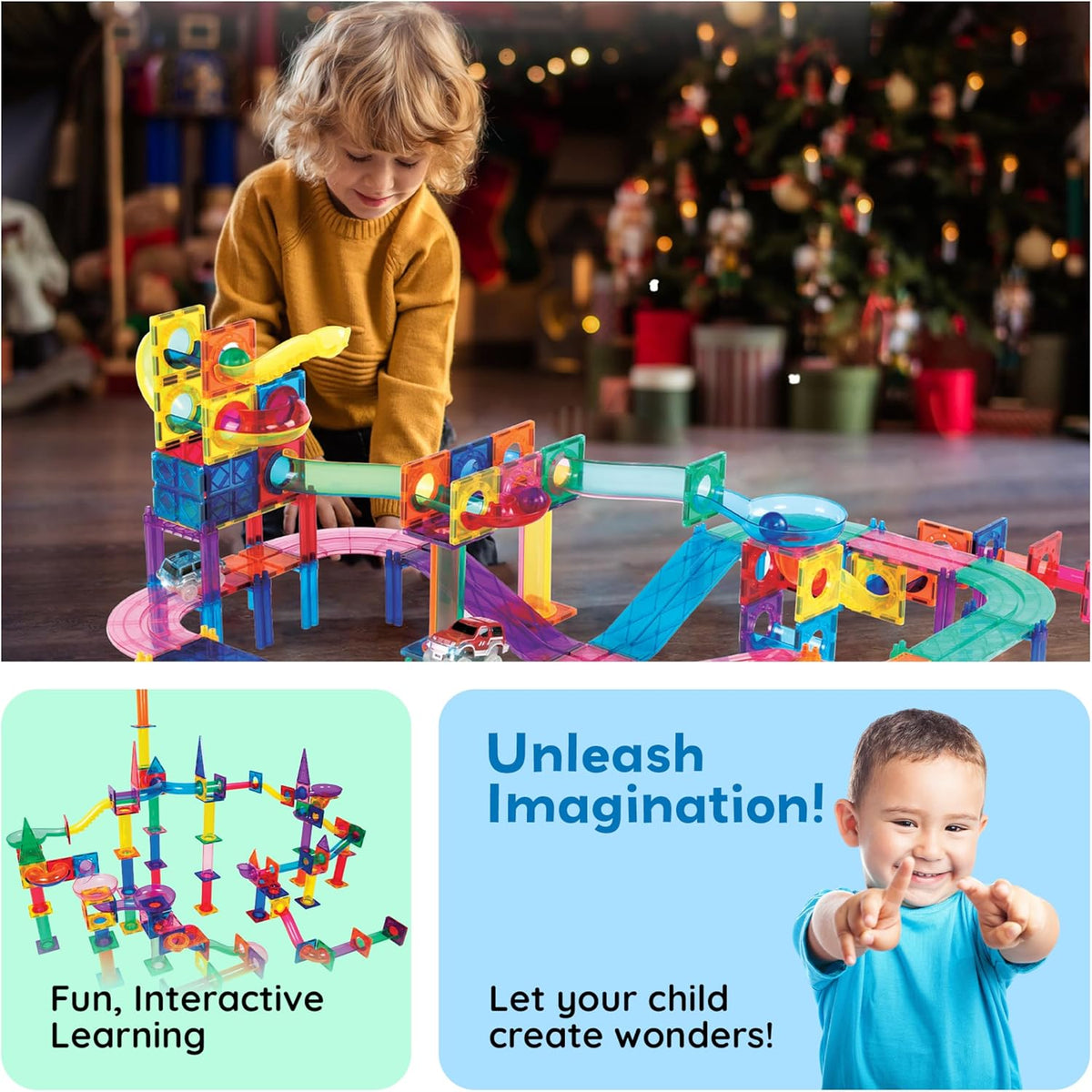 PicassoTiles 108pc Magnetic Marble Run Set with Building Tiles Race Track Car Slides Set